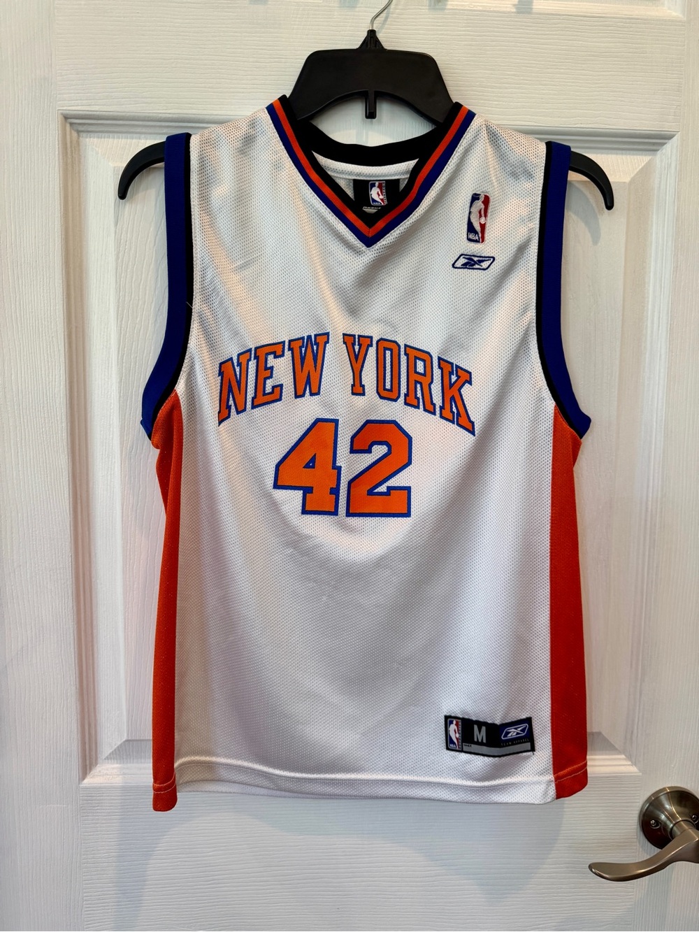 Reebok New York Knicks David Lee #42 White and Orange Basketball Jersey